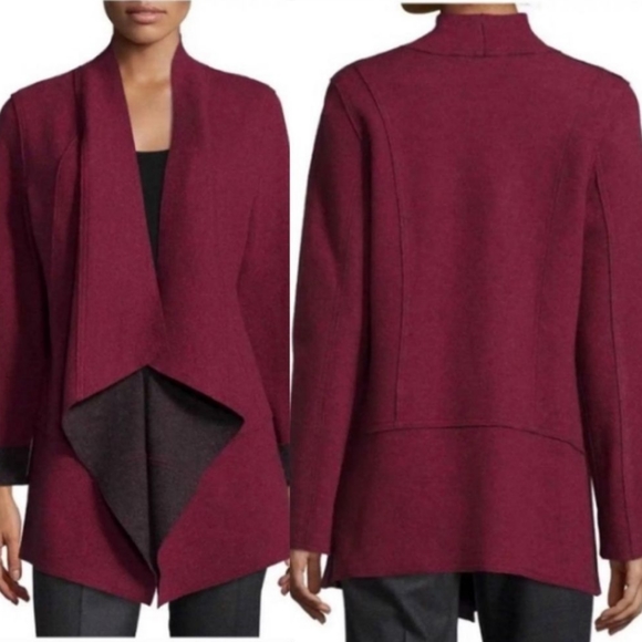 Eileen Fisher Burgundy/Gray Long Wool Moto Sweater Cardigan Jacket - Picture 2 of 7